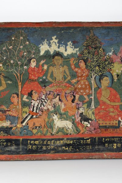 Detalhe de uma capa de manuscrito budista (wc opaca em madeira) de Nepalese School
