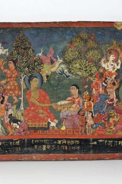Detalhe de uma capa de manuscrito budista (wc opaca em madeira) de Nepalese School