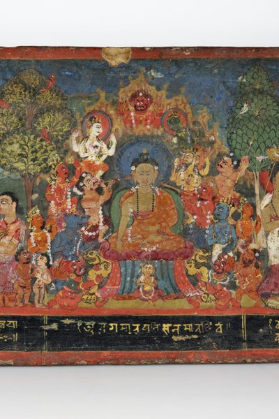 Detalhe de uma capa de manuscrito budista (wc opaca em madeira) de Nepalese School