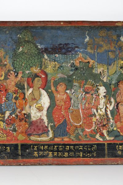 Detalhe de uma capa de manuscrito budista (wc opaca em madeira) de Nepalese School