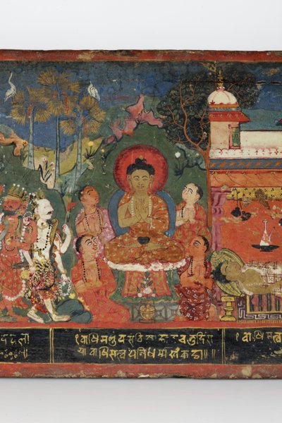 Detalhe de uma capa de manuscrito budista (wc opaca em madeira) de Nepalese School
