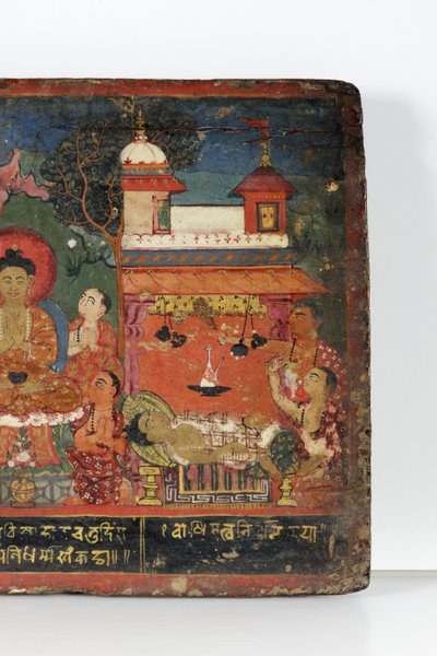 Detalhe de uma capa de manuscrito budista (wc opaca em madeira) de Nepalese School