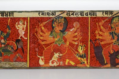 Detalhe de uma capa do manuscrito Devimahatmya (wc opaco sobre madeira) de Nepalese School