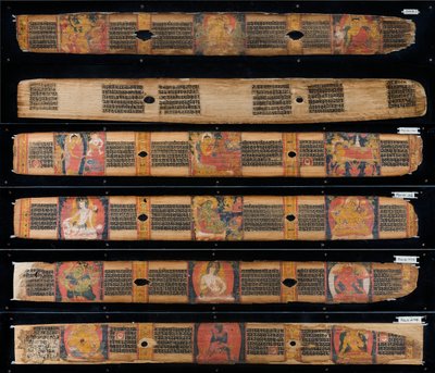 Folhas de manuscrito (tinta e cores nas folhas de palmeira) de Nepalese School