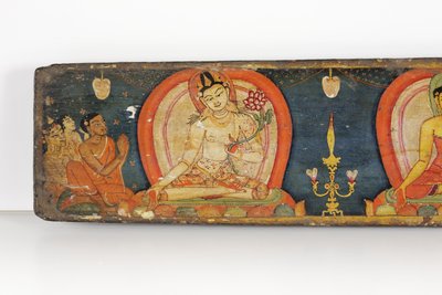 Manuscrito de The Five Protections, capa, 1138 (wc e tinta opaca sobre madeira) de Nepalese School