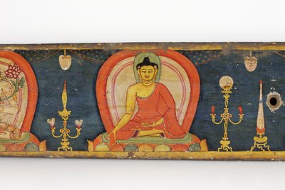 Manuscrito de The Five Protections, capa, 1138 (wc e tinta opaca sobre madeira) de Nepalese School