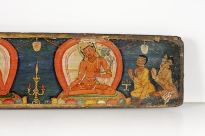 Manuscrito de The Five Protections, capa, 1138 (wc e tinta opaca sobre madeira) de Nepalese School