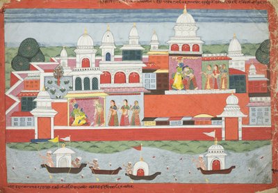 Rukmini busca a permissão de Krishna para visitar seu irmão Rukma, página de um manuscrito do Bhagavata Purana, c.1775 de Nepalese School
