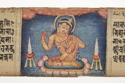 Bodhisattva sentado, do Gandavyuha (wc & tinta opaca na folha de palmeira) de Nepalese School