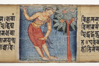 Sudhana em pé ao lado de uma árvore, do Gandavyuha (wc & tinta opaca na folha de palmeira) de Nepalese School