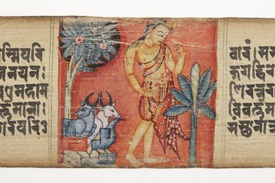 Sudhana viajando por uma paisagem rochosa com dois touros, do Gandavyuha (wc & tinta opaca na folha de palmeira) de Nepalese School