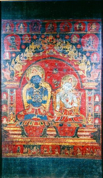 Pintura de Thangka representando o Adibuddha Vajradhara (guache sobre seda) de Nepalese School
