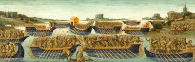 A Batalha de Actium, c.1475-1480 (tempera e folha de ouro no painel) de Neroccio di Landi