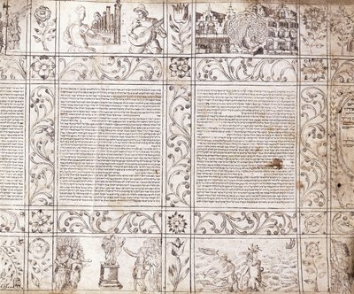 Manuscrito iluminado em escrita sefardita, mostrando cenas da vida holandesa e a Bíblia com cartelas florais, século XVII de Netherlandish School