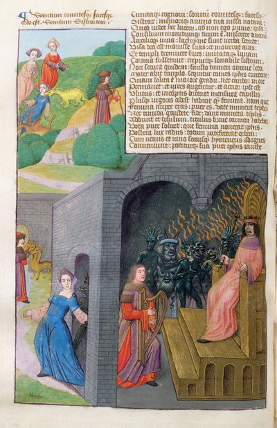 Ms 324 f.101 v. Orpheus e Eurydice, Cerberus e Pluto, de Metamorfoses 10 por Ovídio, 1479 de Netherlandish School