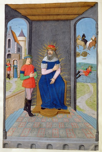 Ms 324 f.25 v. Phaeton toma emprestada uma carruagem de seu pai e é morta, de Metamorfoses 2 por Ovídio, 1479 de Netherlandish School