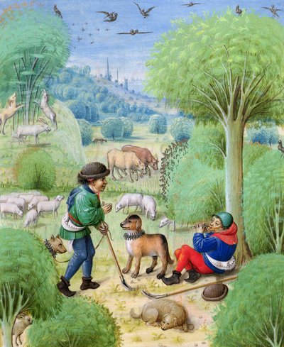 Ms 324 f.9 r. Cena pastoral, de Eclogues por Virgil, 1472-73 de Netherlandish School