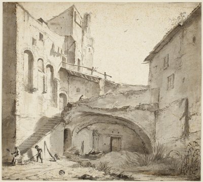 Pátio coberto de castelo em ruínas de Netherlandish School