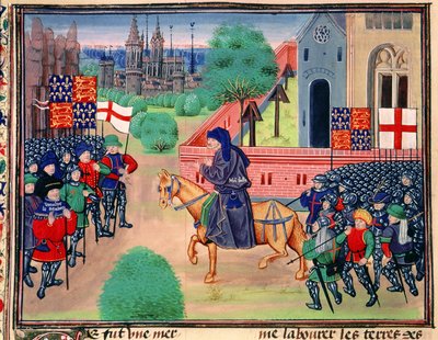Roy 18 E I f.165v Revolta dos camponeses mostrando as bandeiras da Inglaterra e St. George, John Ball mostrado à frente dos rebeldes, ilustração de 