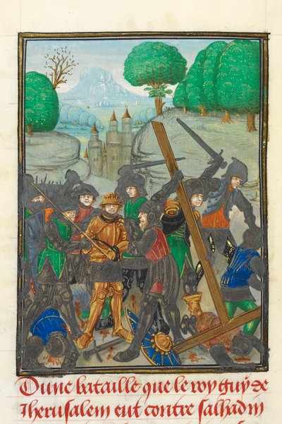 Royal 15 E.I, f.433v A Derrota de Guy de Lusignan e a perda da Santa Cruz, ilustração de 