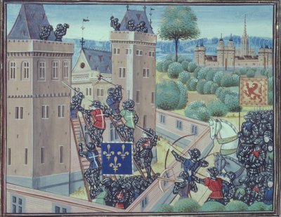 Royal 18 E.1 fol.345 A Captura do Castelo de Wark pelos Franceses e Escoceses, do Livro II de 