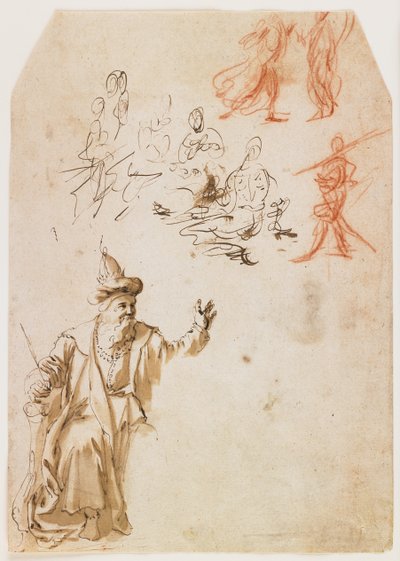 Estudo de um profeta do Antigo Testamento e outros estudos da figura (reto); Estudo de uma figura masculina com uma corda (verso) (caneta e tinta marrom e lavagem, giz vermelho e preto) de Netherlandish School