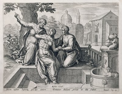 Susanna and the Elders, de uma série ilustrando cenas da Bíblia, pub. por Claes Jansz Visscher (c.1550-c.1612) c.1590 de Netherlandish School