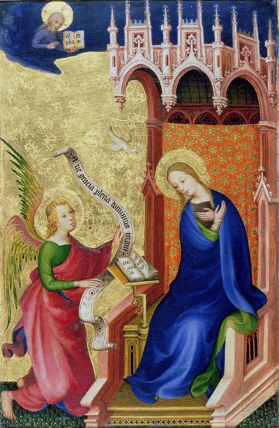 A Anunciação, de um retábulo dobrável, c.1400 (têmpera e folha de ouro no painel) de Netherlandish School