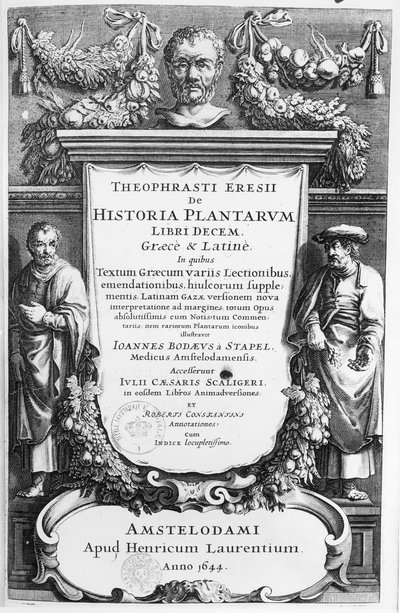 índice de volume da História das plantas por Theophrastus (c.372-c.287 aC), publicada em Amsterdã em 1644 de Netherlandish School