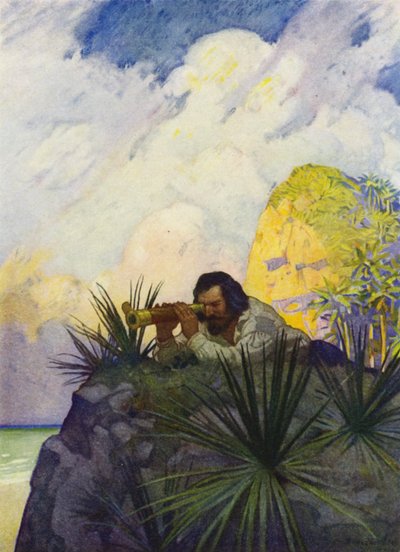 Ilustração para Robinson Crusoe (cor litho) de Newell Convers (after) Wyeth