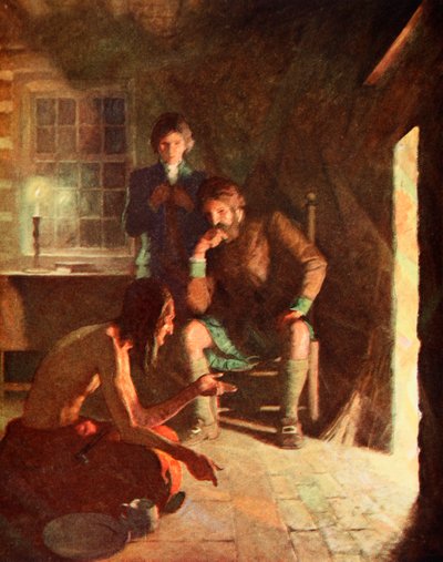 O encontro indiano Longthought em uma casa de colonos (cor litho) de Newell Convers (after) Wyeth