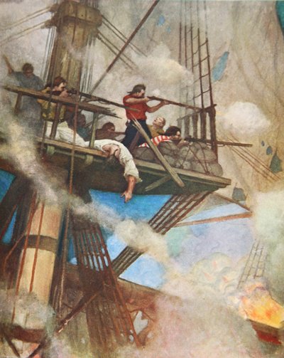 A luta no Fire-tops contra um navio inglês (cor litho) de Newell Convers (after) Wyeth
