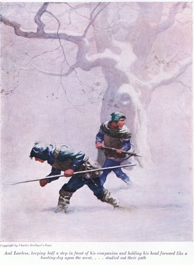 E sem lei, mantendo-se a meio passo na frente de seu companheiro e segurando a cabeça para a frente como um cão de caça sobre o cheiro - estudou seu caminho, 1916 de Newell Convers Wyeth