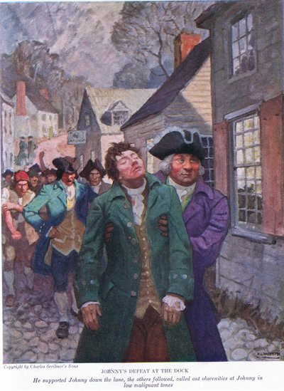 Johnnys derrotou na doca: Ele apoiou Johnny pela pista. Os outros seguiram chamando obscenidades em tons de baixa malignidade, 1928 de Newell Convers Wyeth