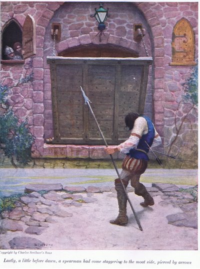 Por fim, um pouco antes do amanhecer, um lanceiro chegou cambaleando ao lado do fosso, perfurado por flechas, 1916 de Newell Convers Wyeth