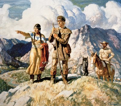 Sacagawea com Lewis e Clark durante a sua expedição de 1804-06 (cor litho) de Newell Convers Wyeth