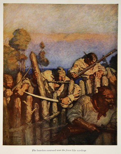 Os pensionistas enxameavam a cerca como macacos, uma ilustração da "Ilha do Tesouro", de Robert Louis Stevenson, pub. Filhos de Charles Scribner, 1911 de Newell Convers Wyeth
