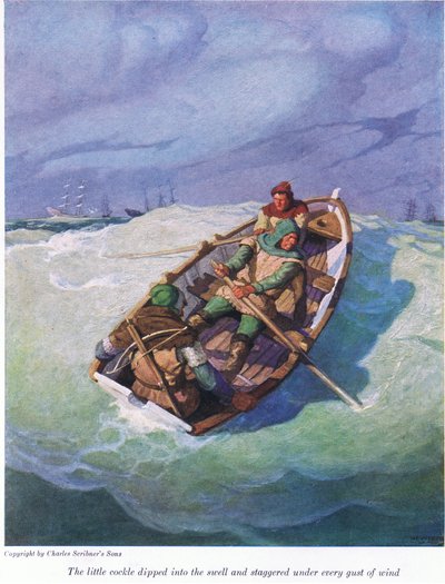 O pequeno berbigão mergulhou na ondulação e cambaleou sob cada rajada de vento, 1916 de Newell Convers Wyeth