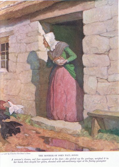 A mãe de João Paulo Jones: Uma mulher de rosto triste e triste apareceu à porta; ela pegou o pacote e pesou em suas mãos, 1928 de Newell Convers Wyeth