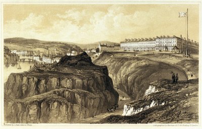 Whitby, Khyber Pass (Inglaterra), com uma vista geral dos edifícios e do forte da cidade. Litografia, gravada por Newman  Co, publicada por S.Reed. de Newman & Co.