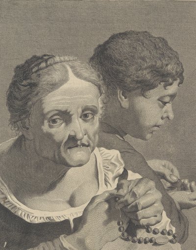 Cópia no verso de uma velha com um rosário e um menino contando moedas, prato 10 fr..., ca. 1750-90. de Niccolò Cavalli
