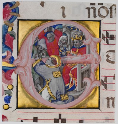 Iluminação Manuscrito com o Martírio de Santo Estêvão em uma inicial E..., c1394-1402. de Niccolò di Giacomo da Bologna