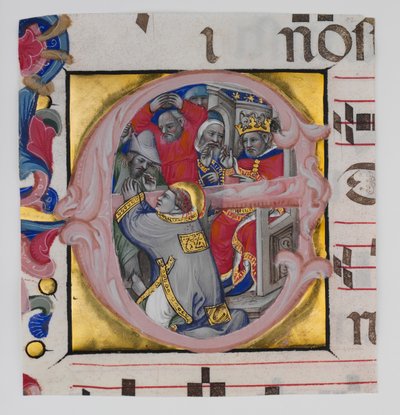Iluminação do manuscrito com o martírio de Santo Estêvão em um E inicial, ... 1394-1402. de Niccolò di Giacomo da Bologna
