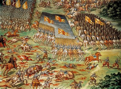 A Batalha de São Quintino, que viu a vitória dos espanhóis sobre os franceses em 1557, durante as Guerras Italianas, detalhe com ataque de cavalaria. de Niccolo (and workshop) Granello