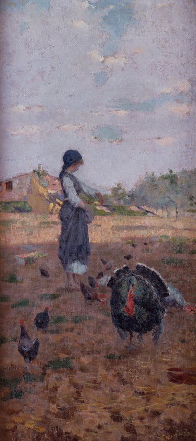 Uma jovem alimentando perus (óleo sobre tela) de Niccolo Cannicci