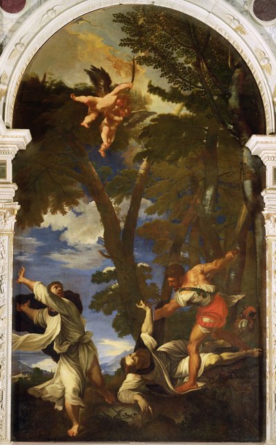 São Pedro Mártir Esmagado por Assassinos Emprestados (cópia da pintura de Ticiano perdida no fogo da Capela do Rosário) de Niccolo Cassana