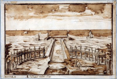 Colonnade "Galeria de Curvas" em Gateway, em Peterhof. Projeto - Nicola Michetti (1675-1759). Caneta, tinta indígena marrom sobre papel. de Niccolo Michetti