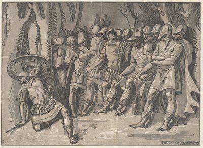 Ajax inferior esquerdo segurando um escudo no alto, à direita está Agamenon cercado por seu..., 1540-50. de Niccolo Vicentino