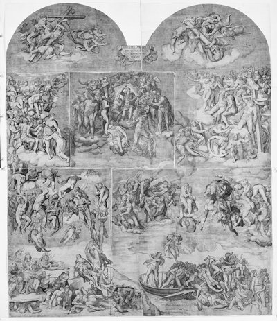 Anjos trombeteiros e almas condenadas sendo derrubados por demônios centro inferior e sec..., 1548. de Niccolo della Casa