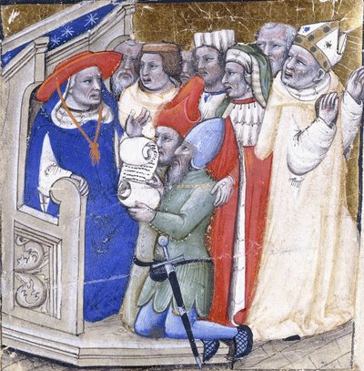 Um Cardeal sentado no julgamento de um Bispo, acusado por dois leigos, c.1380 (tinta e folha de ouro sobre velino) de Niccolo di Giacomo